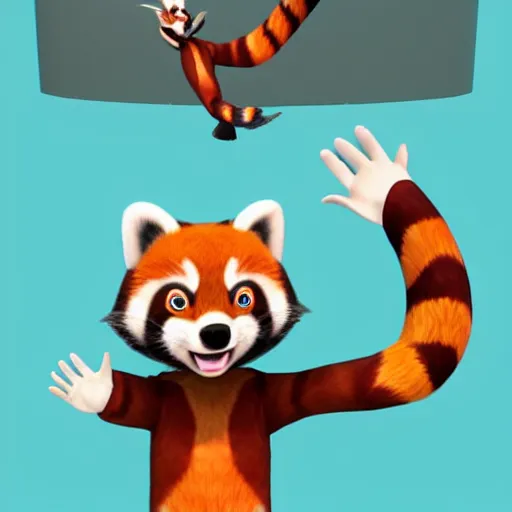 Prompt: friendly cartoon red panda waving hand at viewer, photorealistic game art, artstation