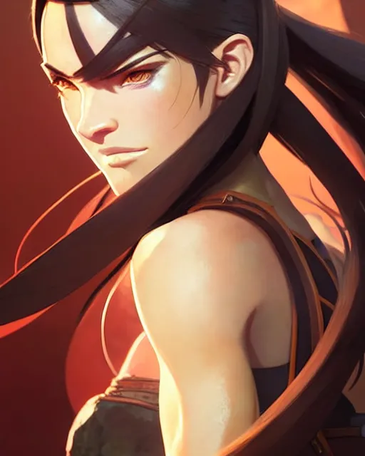 Image similar to azctec warrior, megan fox, detailed perfect face, exquisite details, fire magic, mid view, design on a white background, by studio muti, greg rutkowski makoto shinkai takashi takeuchi studio ghibli