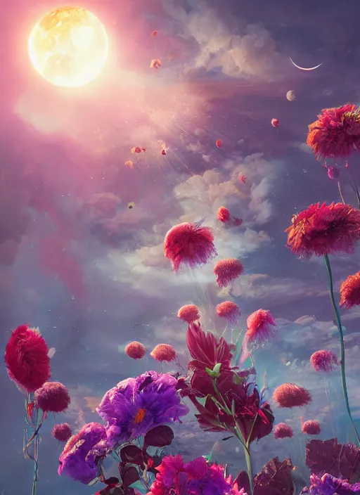 Image similar to An epic fantastic realism comic book style painting of the most beautiful flowers launched into space, bouquets, solar eclipse, fisheye, unreal 5, DAZ, hyperrealistic, octane render, dynamic lighting