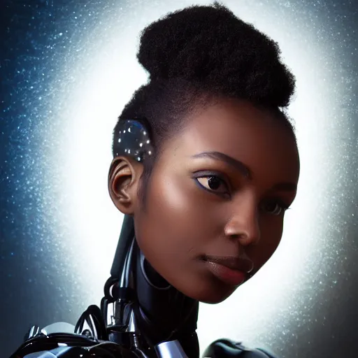 Prompt: beautiful centered fine art photo portrait of beautiful black girl with solarpunk mecha humanoid parts with led lights, sexy serpentine pose gesture, photorealistic, white background, highly detailed and intricate, soft box lighting, shallow depth of field hdr 8 k
