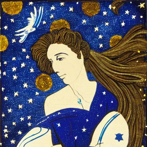 Image similar to The collage features a woman with wings made of stars, surrounded by a blue and white night sky. The woman is holding a staff in one hand, and a star in the other. She is wearing a billowing white dress, and her hair is blowing in the wind. leather, kokedama by Mark Briscoe terrifying