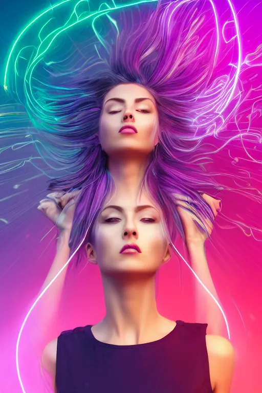 Image similar to a award winning half body portrait of a beautiful woman in a croptop and cargo pants with ombre purple pink teal hairstyle with head in motion and hair flying, surrounded by whirling illuminated lines, outrun, vaporware, shaded flat illustration, digital art, trending on artstation, highly detailed, fine detail, intricate