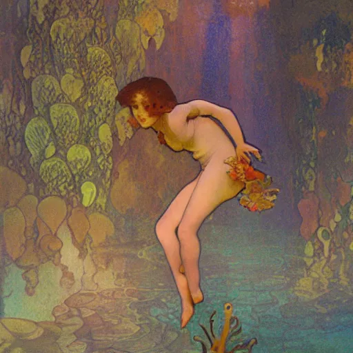 Prompt: Young girl dancing at the bottom of the sea,Perfecting the contours of the face,full-body,Realistic style,smog,Corals, aquatic plants, tropical fish,by Alfons Maria Mucha style