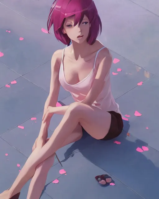 A full body photo of an anime girl, short hair, brown hair, wearing a red two  piece swimsuit, looking up camera angle, bright mid-day lighting from top,  dynamic pose