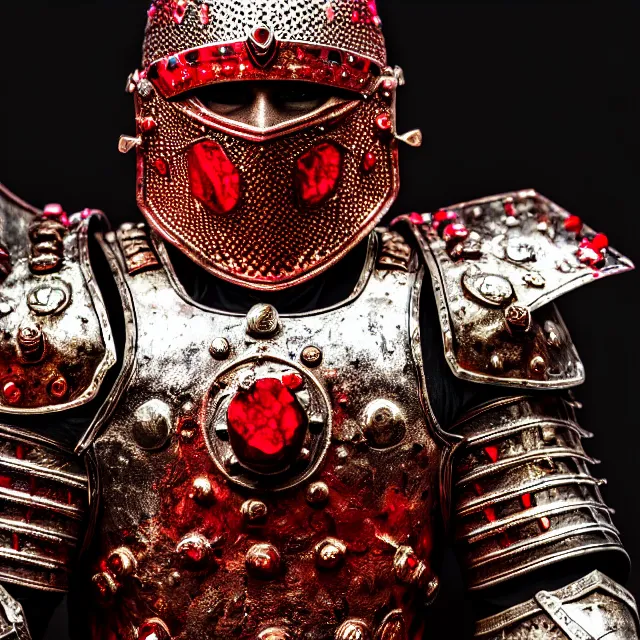 Image similar to photo of a warrior with ruby encrusted armour, highly detailed, 8 k, hdr smooth, sharp focus, high resolution, award - winning photo, dslr, 5 0 mm