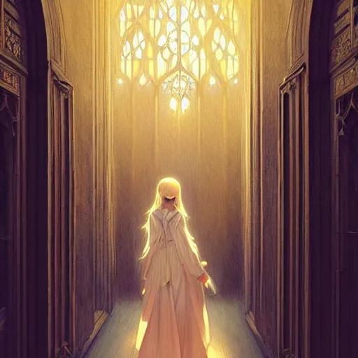 Prompt: angelic girl in intricate clothing walking a cathedralic hallway at night, very high detail, painting, anime, wlop, ilya kuvshinov, artgerm, krenz cushart, greg rutkowski, sana takeda