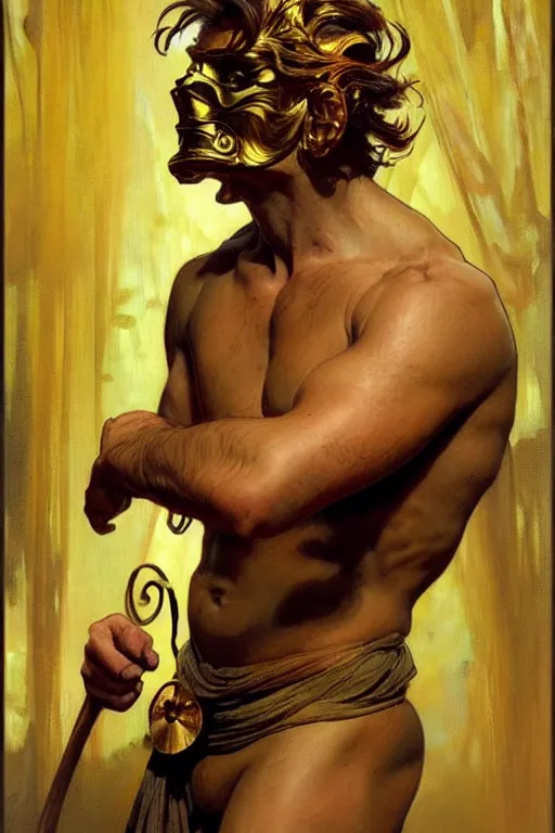 Image similar to A man wearing golden mask, hair like fire, muscular, painting by greg rutkowski and alphonse mucha