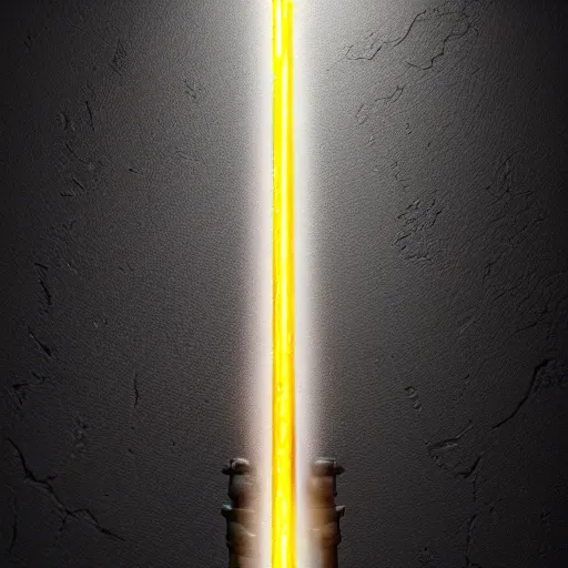 Image similar to ultra - detailed cinematic render, of a lightsaber hilt, that lies vertically on a carved stone, lit up in a dark room, photo from above, octane render, by mizuriau on deviantart, high quality, digital art, 8 k, jedi fallen order, volumetric lighting