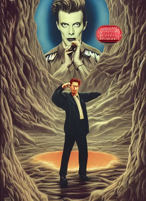 Image similar to twin peaks poster art, david bowie floating through the twilight zone, old retro pulp, by michael whelan, rossetti bouguereau, artgerm, nostalgic, old fashioned