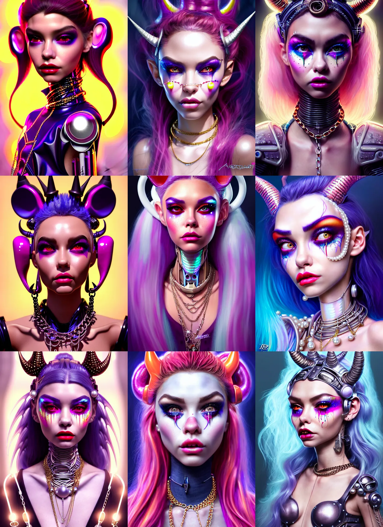 Image similar to disney weta portrait, beautiful gloss porcelain white edm raver clowncore pearl chain horned angel madison beer cyborg woman, bling, sci - fi, fantasy, cyberpunk, intricate, decadent, highly detailed, digital painting, ever after high, octane render, artstation, concept art, smooth, sharp focus, illustration, art by artgerm, loish, wlop