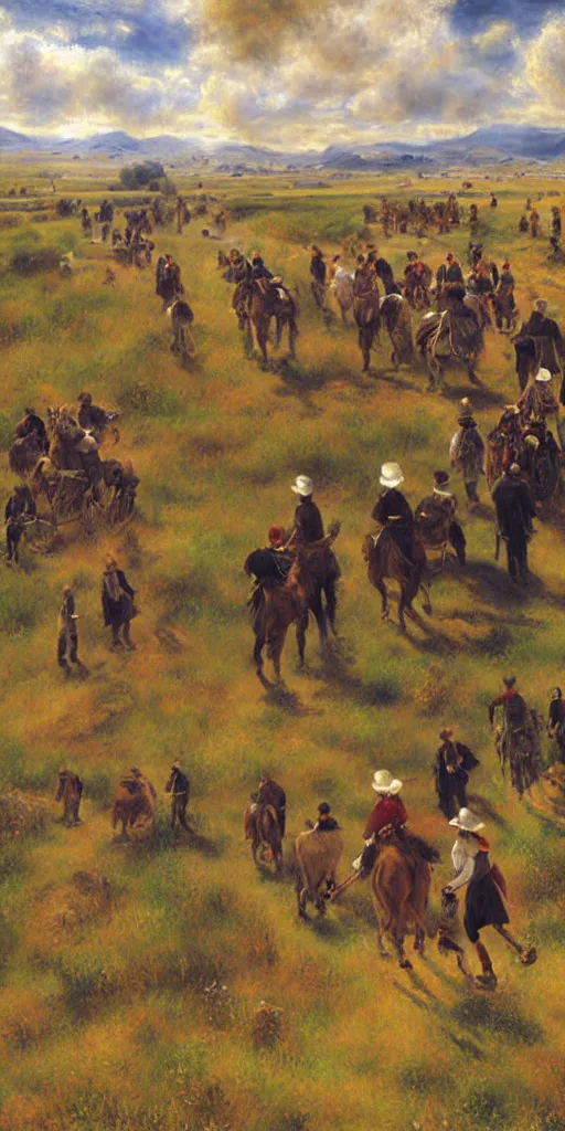 Image similar to oil painting of mormon pioneers crossing the plains, painting by renoir and yong sung kim, masterpiece, stylized