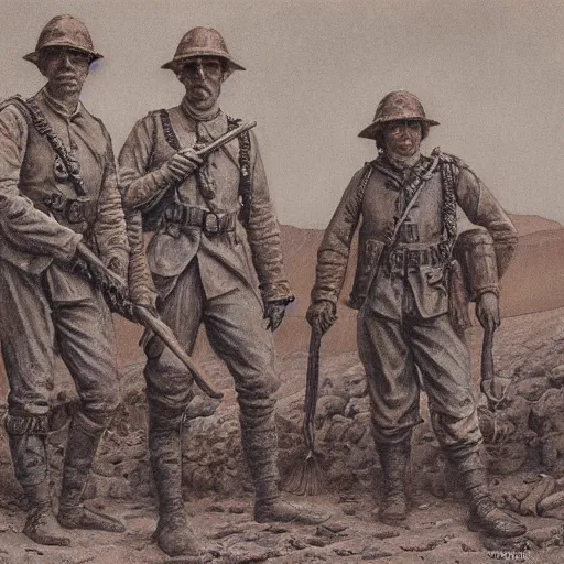 Image similar to ultra detailed photorealistic sepia - toned painting from 1 9 1 7, three british soldiers standing at an archaeological dig site in wadi rum, ultra realistic, painted, intricate details, lovecraft, atmospheric, dark, horror, brooding, highly detailed, by boris vallejo