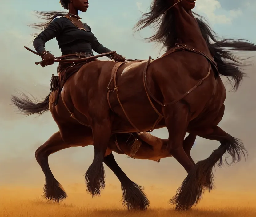 Image similar to full body portrait of beautiful black woman on horseback, striding clydesdale, cinematic, highly detailed, digital painting, artstation, concept art, smooth, sharp focus, illustration, face by wlop, illustrated by mars ravelo and greg rutkowski