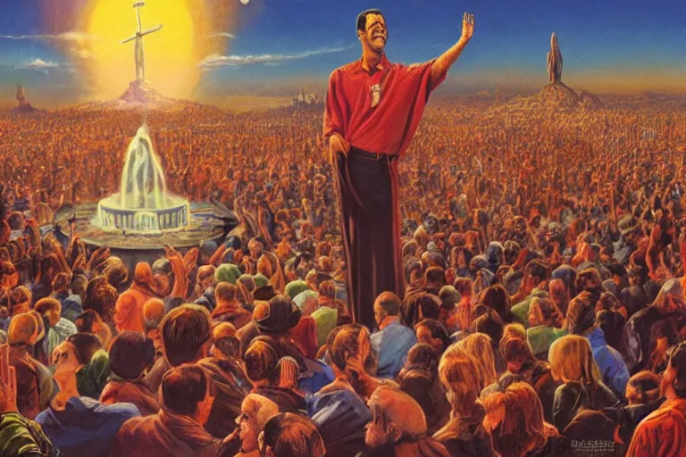 Prompt: a picture of a happy subgenius at a alter speaking to a crowd of kneeling cultists, a saucer in the sky, sunrise, a detailed matte painting by mort kunstler, pixiv, kitsch movement, hellish background, movie poster, official art