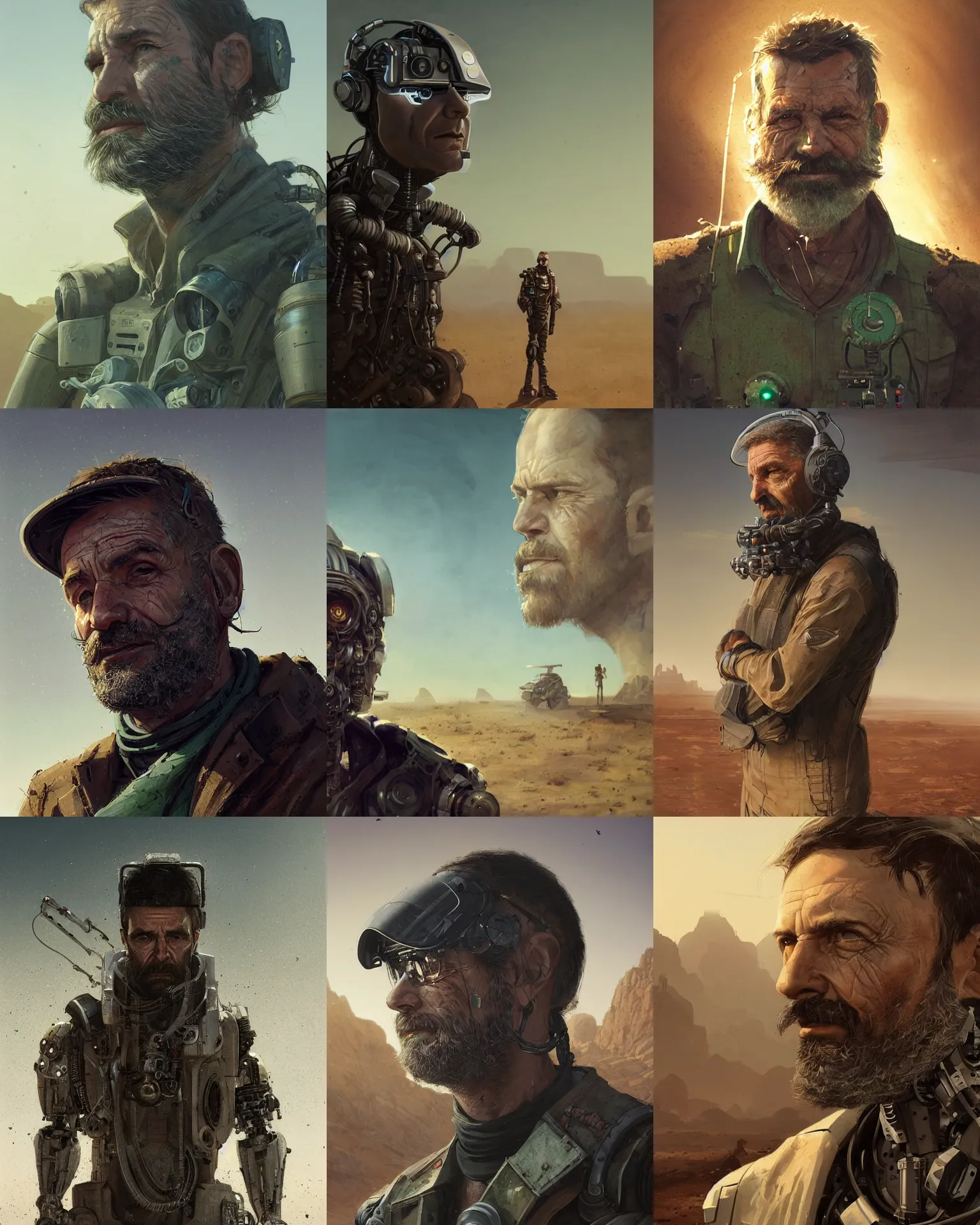 Prompt: a rugged middle aged engineer man with cybernetic enhancements lost in the desert, scifi character portrait by greg rutkowski, esuthio, craig mullins, short beard, funky hair, green eyes, 1 / 4 headshot, cinematic lighting, dystopian scifi gear, gloomy, profile picture, mechanical, half robot, implants, dieselpunk