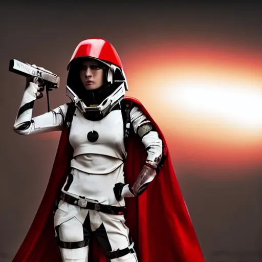 Image similar to a young female soldier wearing blood-spattered glossy sleek white dinged scuffed armor and a long torn red cape, heroic posture, determined expression, elegant, no helmet, on the surface of mars, dramatic lighting, cinematic, sci-fi, hyperrealistic, detailed