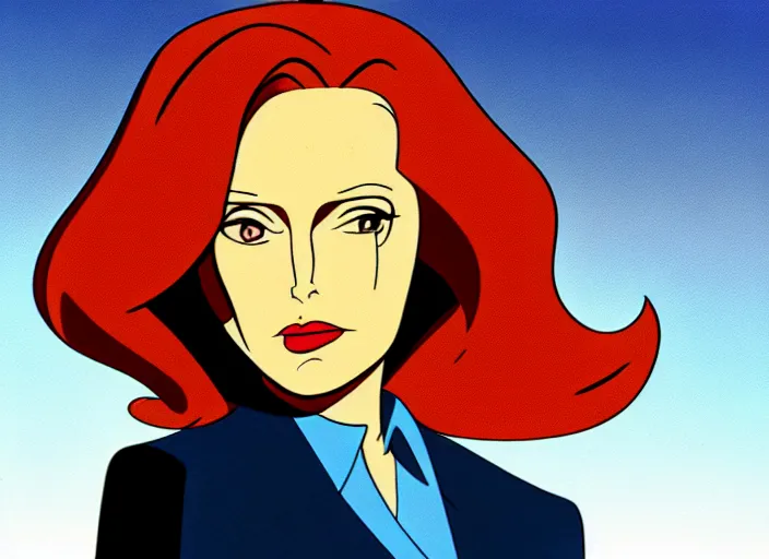 Image similar to dana scully on the x - files : the animated series, shaded animation cel, animation model, sharp detail, animation cel, thin linework, in the style of don bluth, bruce timm, alex toth, filmation, toei animation, studio trigger, 5 k, hd