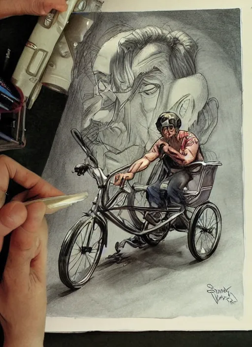 Image similar to beautiful concept art comic book drawing of steve buscemi riding a tricycle by randy vargas and by simon bisley