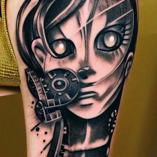 Image similar to Anime manga robot!! catgirl tattoo, cyborg catgirl, exposed wires and gears, fully robotic!! catgirl, manga!! in the style of Junji Ito and Naoko Takeuchi, cute!! chibi!!! catgirl, tattoo on upper arm, arm tattoo