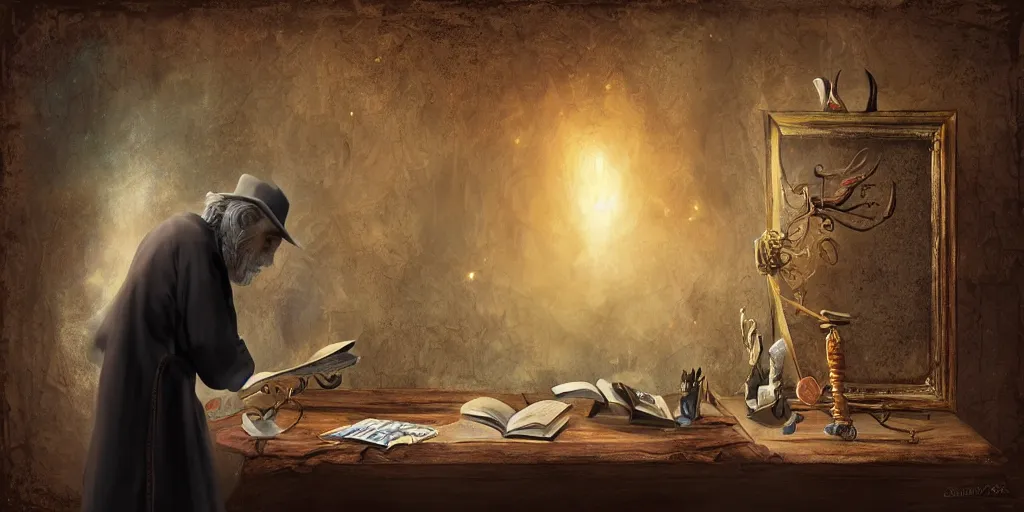 Image similar to back shot of wizened aristocrat examining the mysteries of tarot cards on a magical blackboard, fantasy art, matte painting, high quality, digital painting, artwork by tony sart