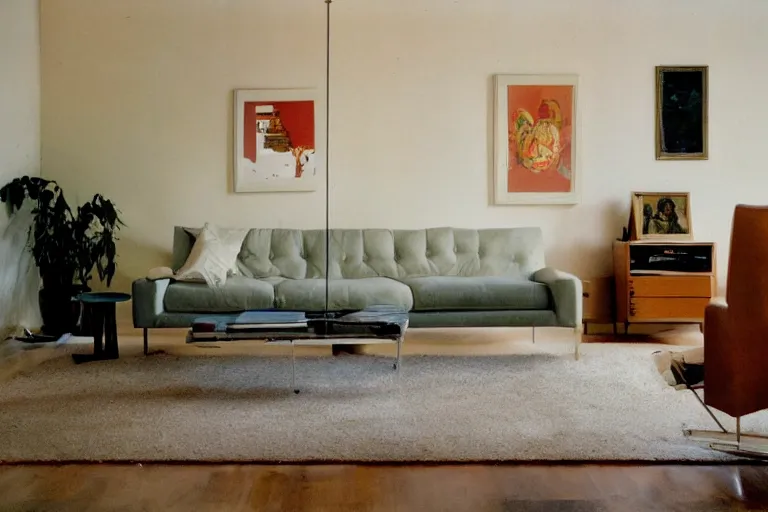 Image similar to photograph of sculpture radiating esoteric energy in modernist living room, crisp focus, highly detailed, in jeff wall style, 3 5 mm ektachrome