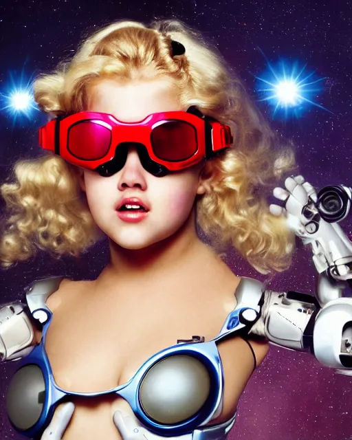 Prompt: centered portrait photo of cute young anna nicole smith as a solarpunk mecha humanoid robotic parts wearing goggles with bright lights, real human face, pudica pose by bouguereau, inside white room, ultra - realistic and detailed, 8 k