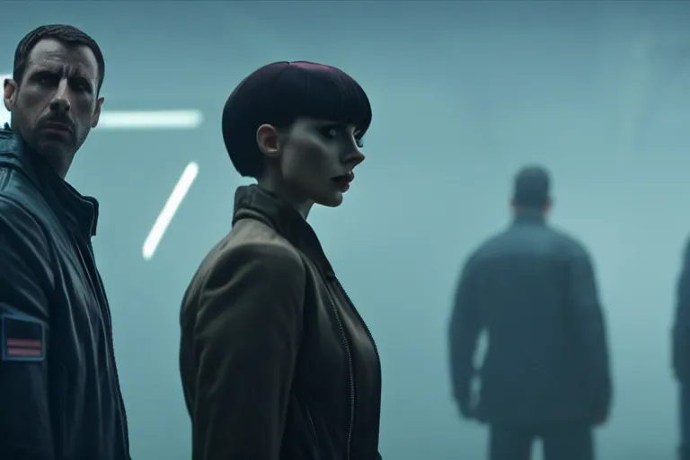 Image similar to film still of closeup diverse futuristic police friends in blade runner 2 0 4 9, cinematic, moody, gritty neon noir by emmanuel lubezki