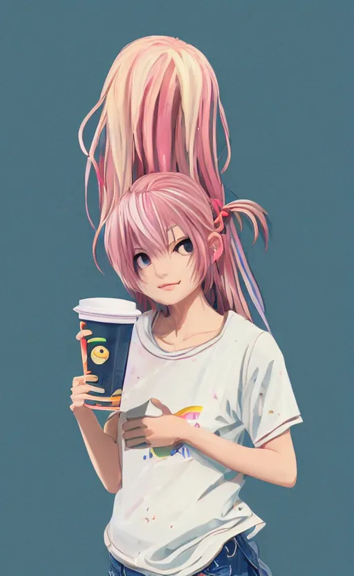 Image similar to a kawaii woman with rainbow hair, happy, summer time, holding boba tea drink, soft eyes and narrow chin, dainty figure, long hair straight down, kawaii shirt and jeans, basic white background, In style of by Jordan Grimmer and greg rutkowski, crisp lines and color