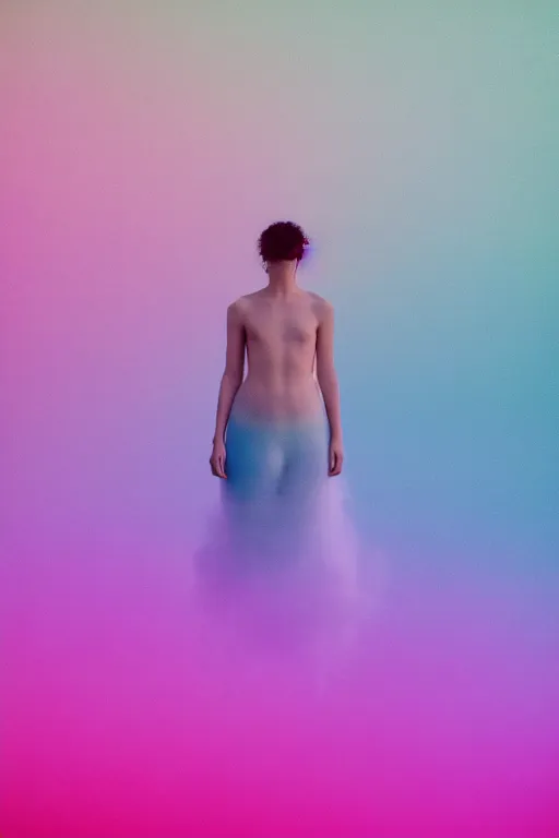 Image similar to high quality pastel coloured film close up wide angle photograph of a model wearing clothing swimming on cloud furniture in a icelandic black rock!! environment in a partially haze filled dreamstate world. three point light, rainbow. photographic production. art directed. pastel colours. volumetric clouds. pastel gradient overlay. waves glitch artefacts. extreme facial clarity. 8 k. filmic.