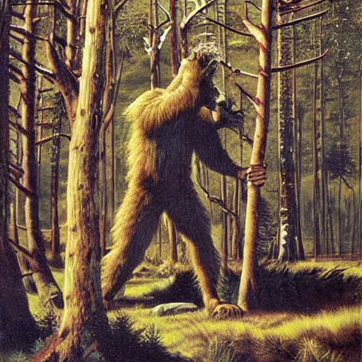 Image similar to sasquatch fighting with aboriginal tribe painting by john glover