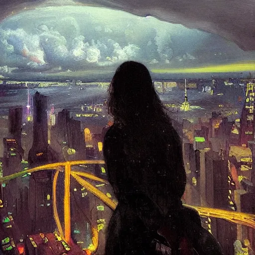 Image similar to “ a girl looking down at a futuristic new york city below, ghostpunk, fog, storm clouds, rain, detailed face, oil painting, by george bellows ”