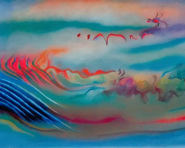 Image similar to Ocean waves in a psychedelic dream world. DMT. Curving rivers. Aya Takano. Zao Wou-ki. Yves Tanguy.