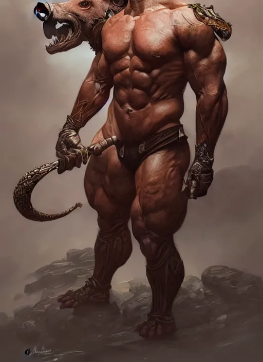 Image similar to portrait of aggressive wild pig humanoid, d & d, muscular! fantasy, intricate, elegant, highly detailed, digital painting, artstation, concept art, smooth, sharp focus, illustration, art by artgerm and greg rutkowski and alphonse mucha