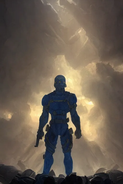 Prompt: a distant shot of a single super soldier with blue and yellow flag and standing alone on a huge pile of human skulls as a winner, masculine figure, D&D, fantasy, epic atmosphere, volumetric lights, beam of bright light through the clouds, intricate, elegant, highly detailed, extremely detailed, digital painting, artstation, concept art, matte, smooth, sharp focus, hyper realistic, illustration, art by Artgerm and Greg Rutkowski and Alphonse Mucha