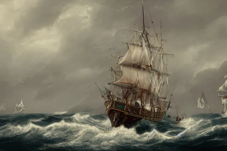 Image similar to a tall ship sailing vessel in stormy windy seas, in the style of, george philip reinagle, hypermaximalistic, high details, cinematic, 8 k resolution, beautiful detailed, insanely detailed, trending in artstation, octane render, unreal engine