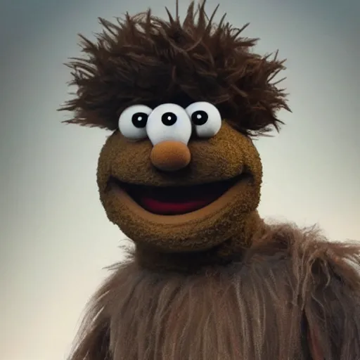 Image similar to a still of a forgotten muppet character looking very manly and modern, hilarious, laughing, hairy chest, huge chin, manly monster tough guy, roughled fur, photo real, photographic, photograph, artstation, trending, featured