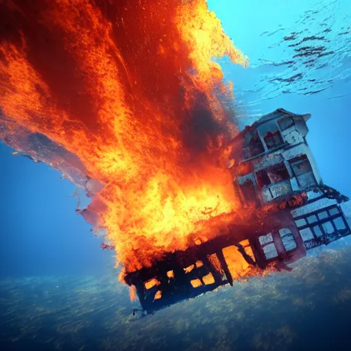 Image similar to a house burning underwater, with a humanoid robot, 8 k resolution, colorful, mariana trench