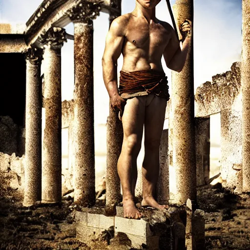 Image similar to portrait of Achilles holding a spear, standing in ruins, fallen columns, highly detailed face, photo realistic, facial features, tom chambers photography