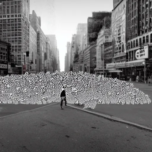 Image similar to NewYork street is raided by a million rabbit, Ultrarealism, real , fake, black and white