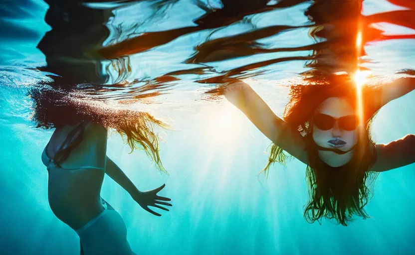 Image similar to photo of very beautiful woman underwater during sunrise, sunrays, caustics, rippling water, photoshoot, flowing hair and colorful fabric, haunting, iconic, masterpiece, sharp focus