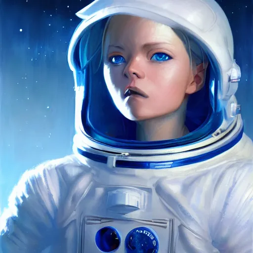 Image similar to portrait of a blue-eyed girl with white hair in a space suit against the background of space, painting by Craig Mullins, octane rendering, soft morning lighting, wide angle lens, in the style of Hayao Miyazaki, trending on artstation,