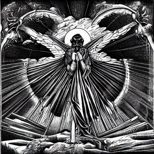 Image similar to gibbon descending from heaven, in the style of deathspell omega's fas album cover, illustration, detailed