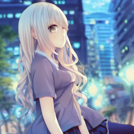 Image similar to a very beautiful anime girl, full body, long wavy blond hair, sky blue eyes, full round face, short smile, cute top, miniskirt, sitting on a miniature city, surround by a miniature crowd, cinematic lighting, medium shot, mid-shot, highly detailed, trending on Artstation, Unreal Engine 4k, cinematic wallpaper by Stanley Artgerm Lau, WLOP, Rossdraws, James Jean, Andrei Riabovitchev, Marc Simonetti, and Sakimichan