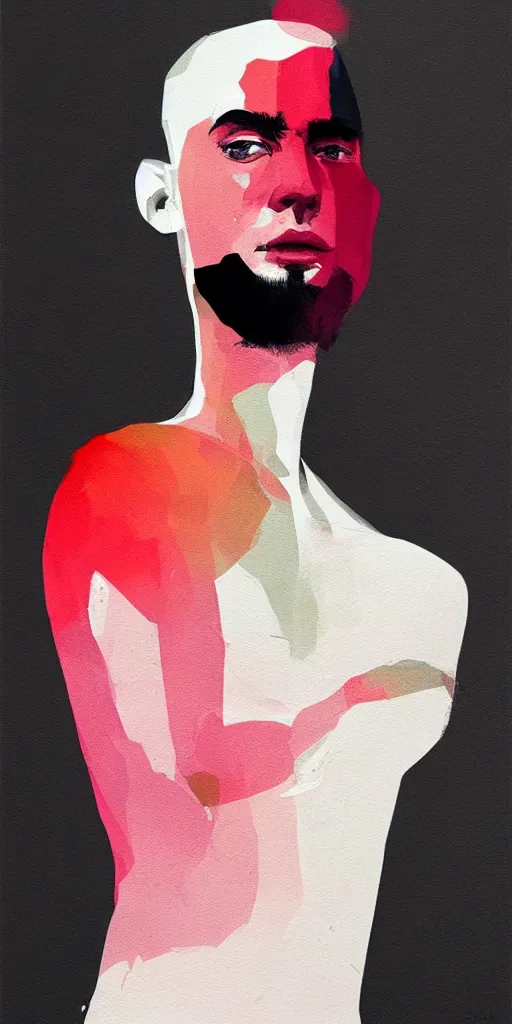 Image similar to abstract depiction of the physique of one thin athletic man posing dramatically, closeup, matte colors, conrad roset, dark abstract background, minimalist painting trending on artstation