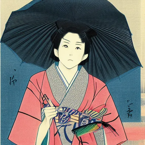 Image similar to a woman in a kimono holding an umbrella, an anime drawing by Kaburagi Kiyokata, featured on pixiv, shin hanga, hellish background, pixiv, official art