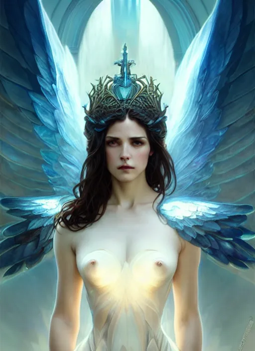 Image similar to a beautiful cinematic female archangel queen, fantasy sea landscape, fantasy magic, short aqua blue black fade hair, dark light night, intricate, elegant, sharp focus, illustration, highly detailed, digital painting, concept art, matte, art by WLOP and Artgerm and Greg Rutkowski and Alphonse Mucha, masterpiece