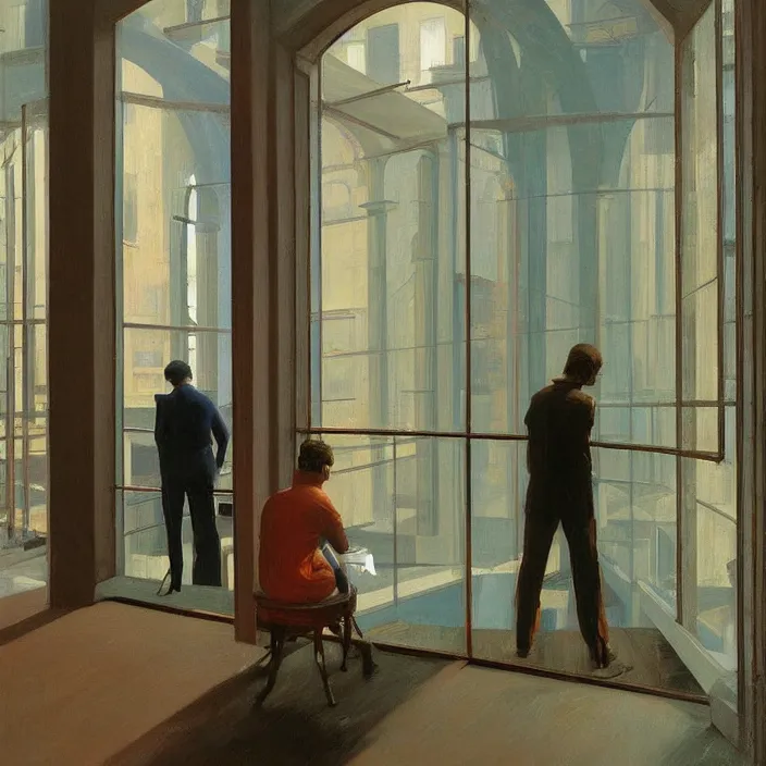 Prompt: wide angle, people inside flooded museum looking through the window Edward Hopper and James Gilleard, Zdzislaw Beksinski, highly detailed