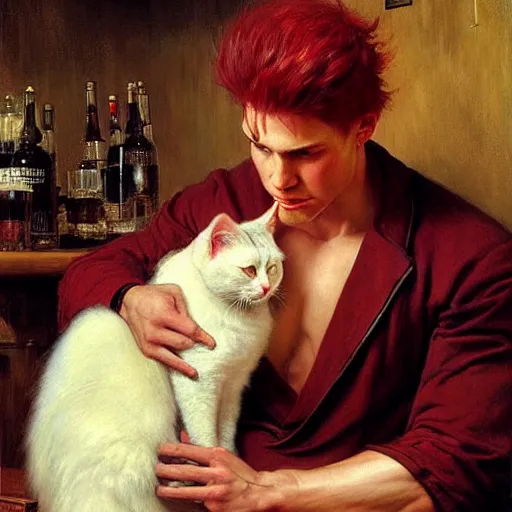 Image similar to attractive muscular male with red hair and muscular attractive white fluffy cat, drinking their hearts out, in a pub. very defined and highly detailed painting by j. c. leyendecker, gaston bussiere, craig mullins 8 k