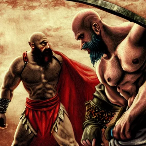 Prompt: Kratos battling zeus in prison