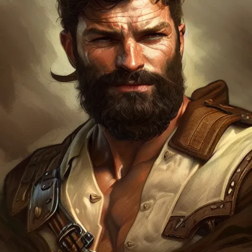 Image similar to portrait of a rugged ranger, handsome, muscular, 30 years old, D&D, fantasy, intricate, elegant, highly detailed, digital painting, artstation, concept art, matte, sharp focus, illustration, art by Artgerm and Greg Rutkowski and Alphonse Mucha